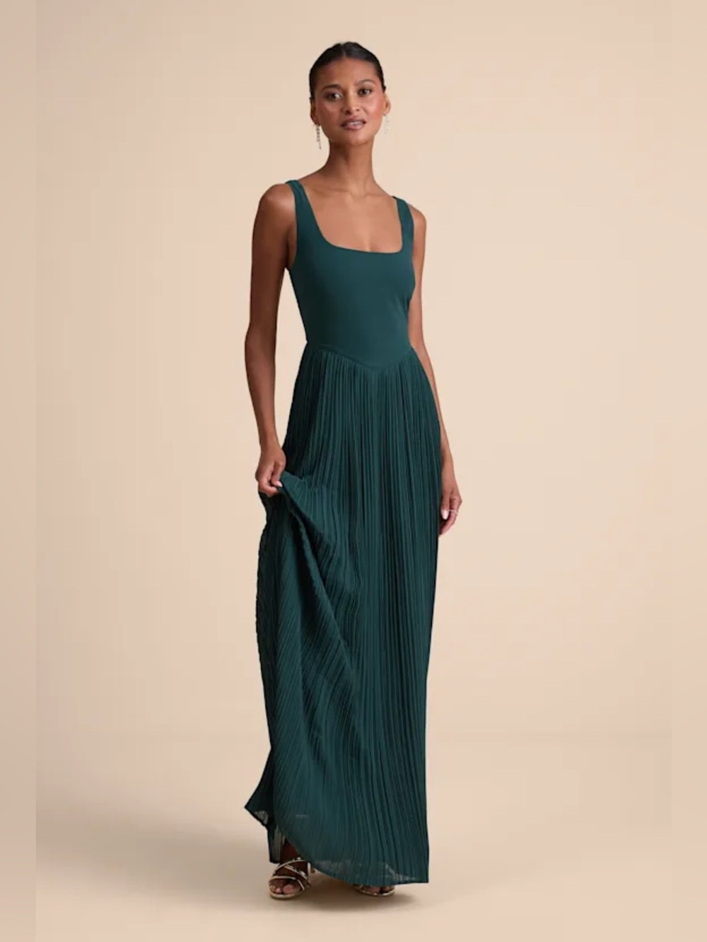 Lulus Naroah Emerald Green Square Neck Pleated Maxi Dress size L nwt